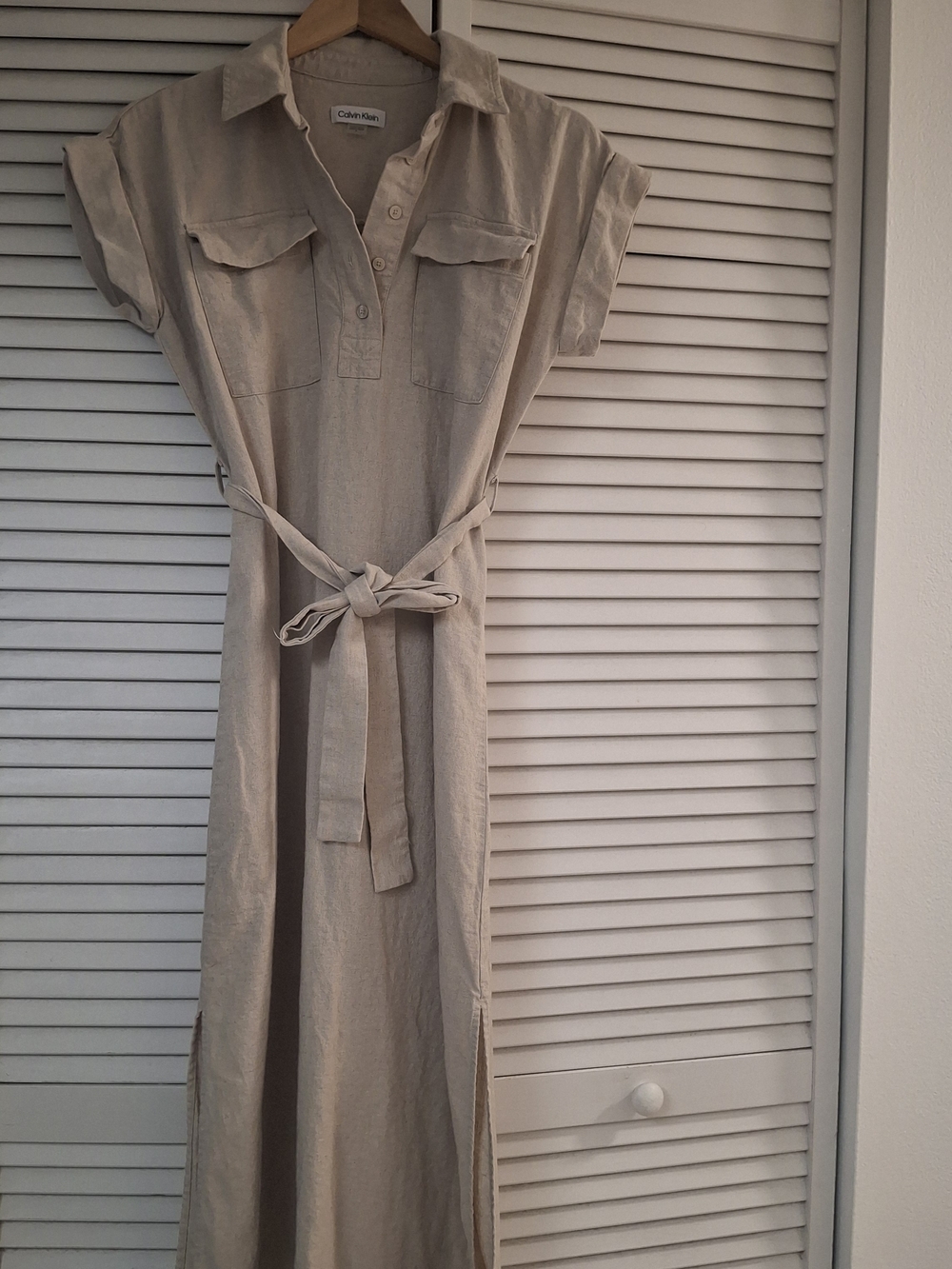 Calvin Klein Linen Khaki Shirt Size 4 But Fits a Medium Dress with Waist Tie